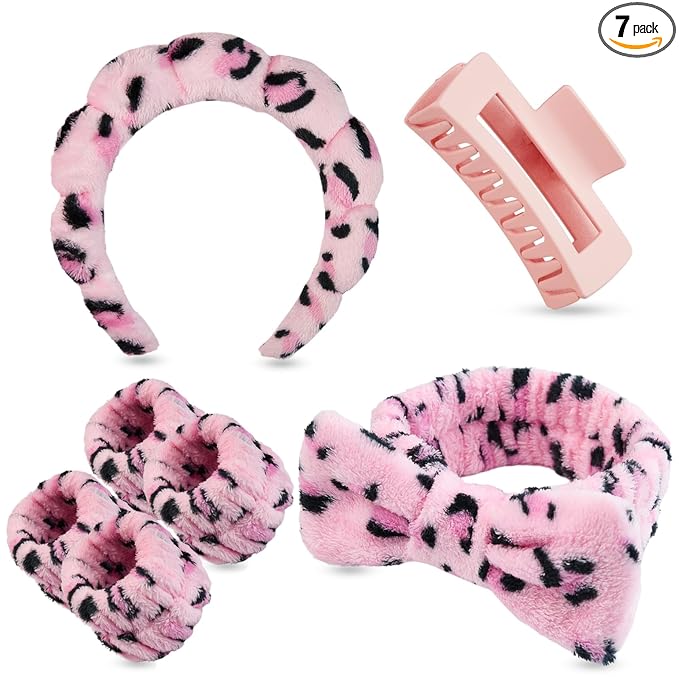 7 Pcs Spa Set, Facial Headband and Wristband Set, Skincare Accessories, College Style Girl Idea Gifts, Hair Accessories for Women and Girls（Leopard Print Pink）