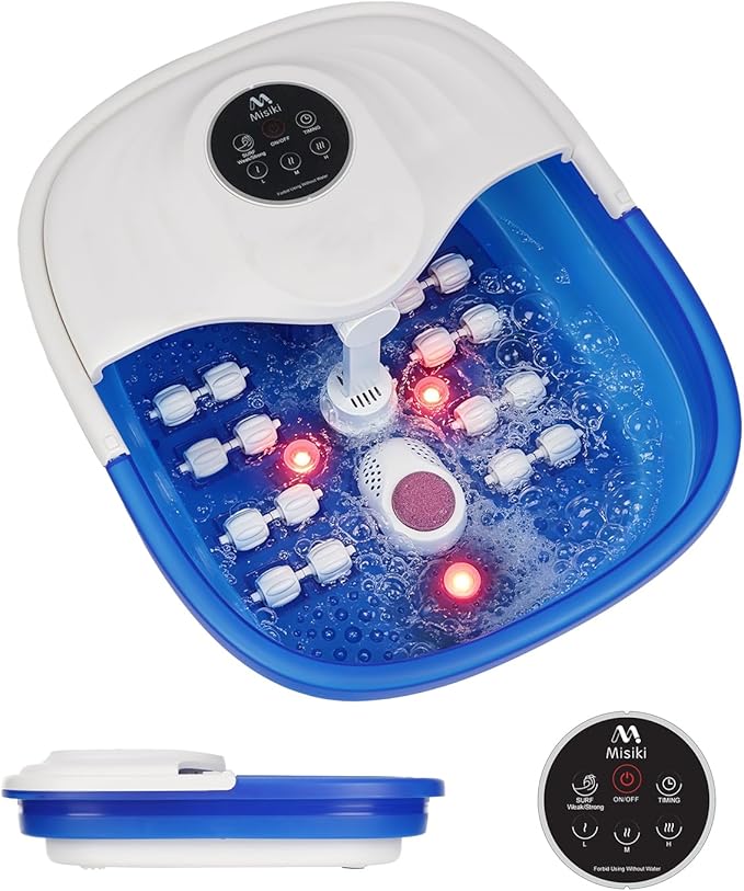 Misiki Collapsible Foot Spa Bath with Heat, Remote Control & 16 Massage Rollers, Fast Heating Pedicure Tub for Relaxing Tired Feet, Foot Soaker with Surf & Red Light, Fits Men Size 12 (Royal Blue)