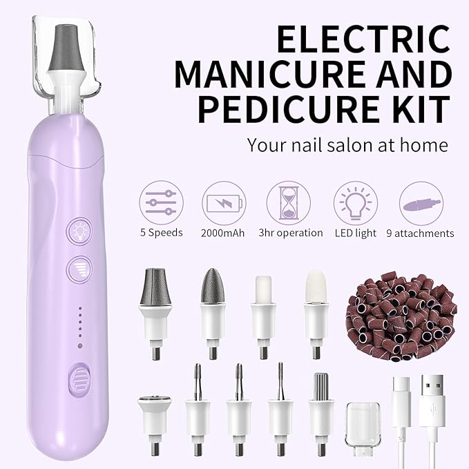 Cordless Electric Nail File Set, Rechargeable Pedicure Tools for feet, Professional Manicure Pedicure Kit 5 Speeds Hand Foot Care Nail Drill for Thick Nail Toenail Cuticle Women Men Pets, Oil-Purple