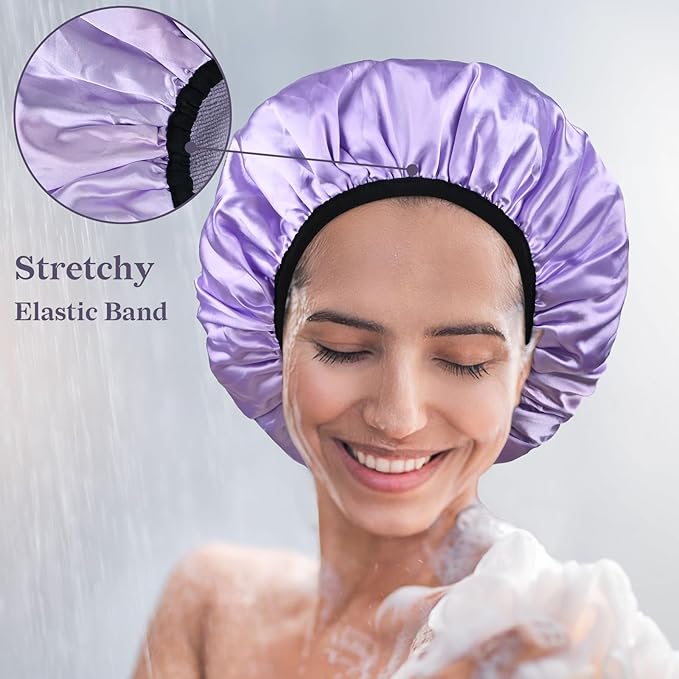 Three-Layer Terry Cloth Lined Satin Shower Cap, with Silk Hair Ties, Microfiber Waterproof Reusable Large Size Shower Cap for Women Long Thick Hair (Purple)