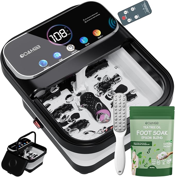 OOAMBB Collapsible Foot Spa with Heat, Bubble,Temp Control,Remote Control, Color Touch Screen Foot Bath Massager with 6 Massage Rollers,Foot Soaking Tub (Black+Green)