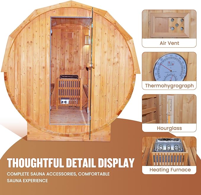 OUTEXER Outdoor Traditional Sauna 4-5 Person Wooden Saunas, 6’x6’Steam Wet Finnish Carbonized Spruce Wood Sauna 240V with 4.5KW Heater,Sauna Stone,Water Bucket,Ladle,LED Lights