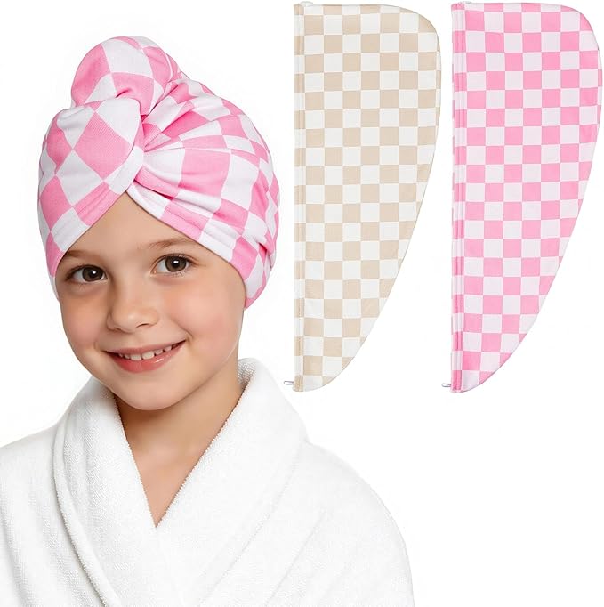 2 Pack Microfiber Hair Towel Wrap for Girls, Quick Dry Hair Turban for Kids, Absorbent Frizz-Free Hair Drying Towel with Button for Long Thick Curly Hair, Pink Brown Checkered