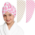 2 Pack Microfiber Hair Towel Wrap for Girls, Quick Dry Hair Turban for Kids, Absorbent Frizz-Free Hair Drying Towel with Button for Long Thick Curly Hair, Pink Brown Checkered