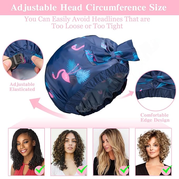2 PCS Waterproof Shower Caps, Oversized Adjustable Hair Cap with Bow Knot for Women, Reusable Double Layer Waterproof Bathing Cap for Shower, Spa, Makeup, Design for All Hair Lengths/Style