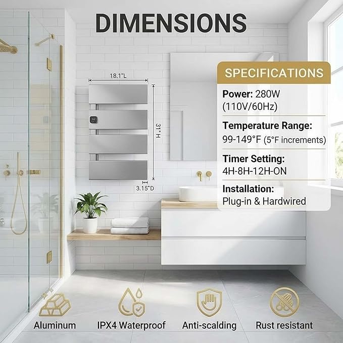 Electric Towel Warmer, Heated Towel Rack with Thermo Control and Timer, Fast Heating Towel Rail for Bathroom with Memroy Function, Work with Smart Plug, Left-Wiring, 4 Panel, Silver