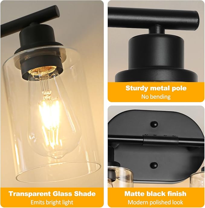 Unicozin Bathroom Light Fixtures, 4 Light Vanity Lights for Bathroom, Black Wall Lamp with Clear Glass for Mirror, Living Room, Hallway, Cabinet, E26 Base
