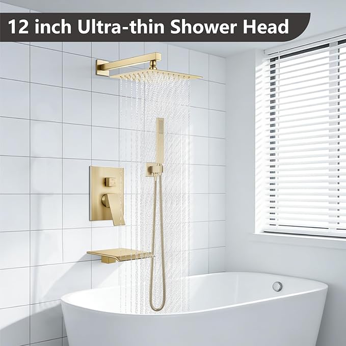 Midanya Shower System with Tub Spout,Bathtub Shower Faucet Set with Square Rainfall Head and Handheld Sprayer Wall Mount Tub Faucet Set with Valve and Trim Kit,12 Inch Brushed Gold