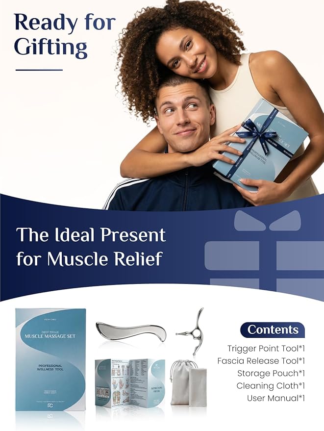 Rena Chris Trigger Point Massage Tool & Muscle Scraper Tool, Stainless Steel Body Gua Sha Tool for Deep Tissue Pain Relief & Fascia Release, with Travel Pouch & Guide (2-Piece Kit)