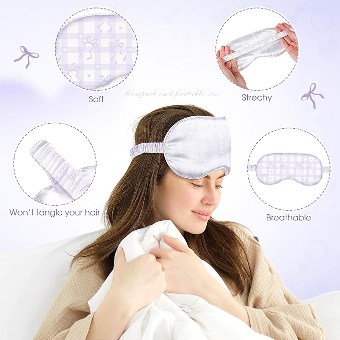 Honeydak 12 Pcs Silk Sleep Masks for Women Girls Purple Bow Party Favors Adjustable Eye Masks for Birthday Sleepover Spa Sweet 16 Party Gifts