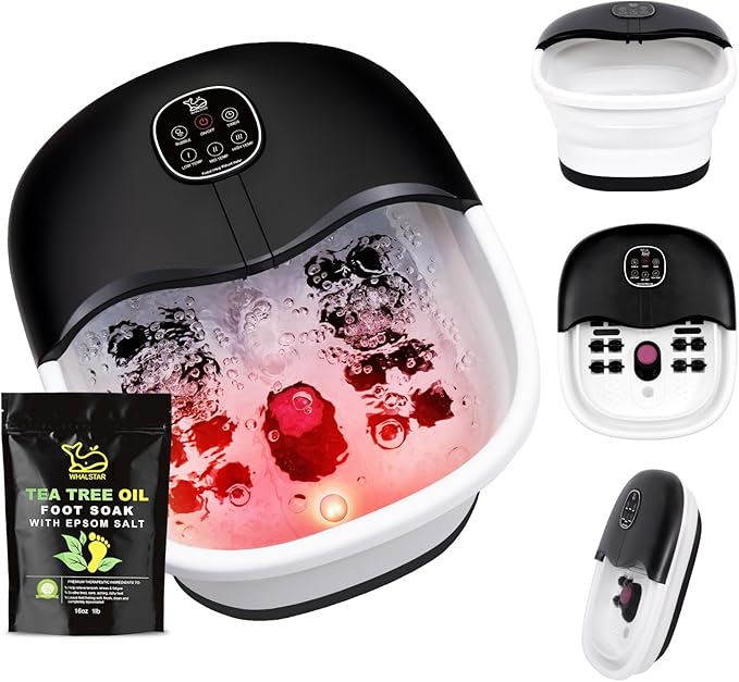 Collapsible Foot Spa Bath Massager with Heat Bubbles and Vibration Massage and Jets, 16oz Tea Tree Oil Foot Soak with Epsom Salt, Foot Bath Basin with Red Light & Remote - Black