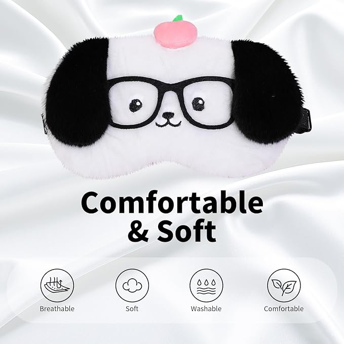 PERFECTSIGHT Sleep Eye Masks, Cute Plush Sleep Eye Cover Lightweight Adjustable Eyeshade Faux Fur Mask Cover for Women Men Sleep Travel Nap, Glasses Puppy