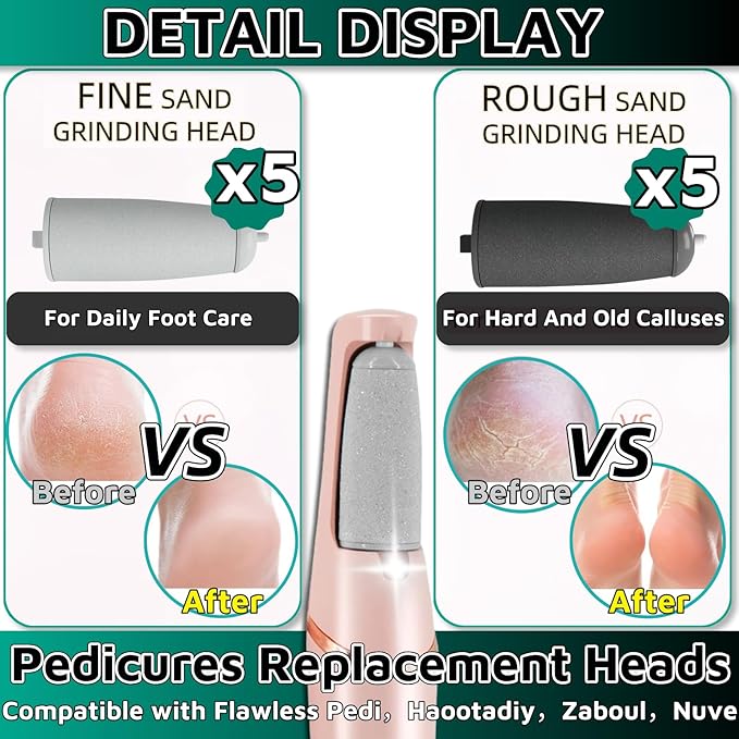 10 Pack Pedicures Replacement Heads for Flawless Replacement Heads，Electric Feet Callus Remover Roller Refills Compatible with Most Flawless Pedi Haootadiy Zaboul etc(5 Black Coarse and 5 Gray Fine)