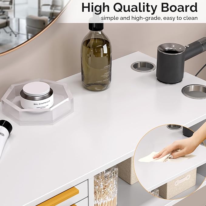 OmySalon Wall Mount Salon Station with Mirror, Hair Stylist Cabinet with Dryer Holders, Drawers & Shelf for Barbershop, Beauty SPA, Bathroom, White
