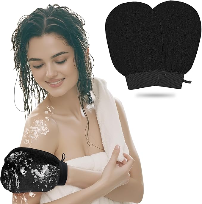 1 Pair Exfoliating Glove, Scrubbies for Body, Body Exfoliator, Exfoliating Washcloth（Black+Black）