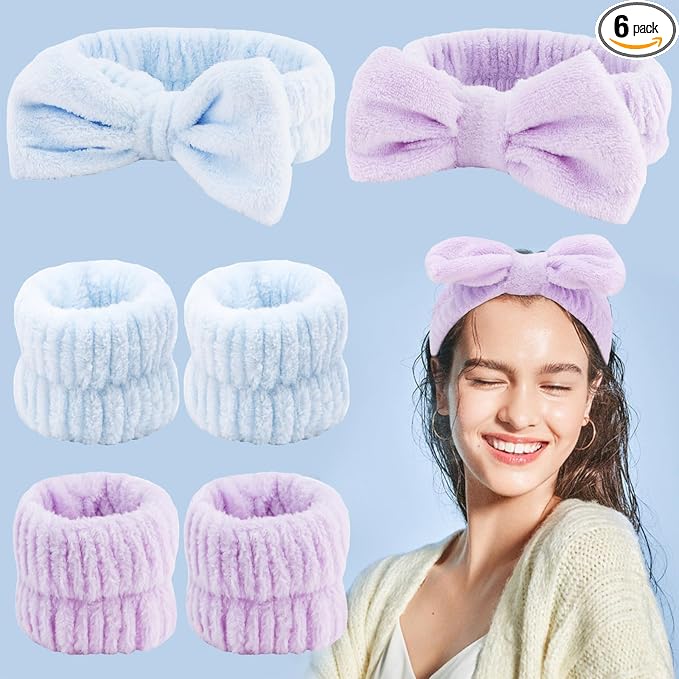 VELSCRUN Spa Headband, Makeup Face Wash Skincare Headbands, Bow Hair Band Party Favors for Washing Face, Stocking Stuffers For Women Teen Girls Christmas Gifts Hair Accessories Blue Purple
