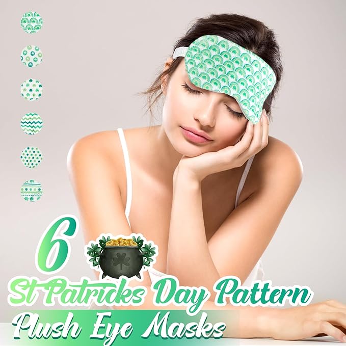 Cuffbow 6 Pack Plush Sleep Mask Set, Cute Plush Eye Masks for Sleeping, Soft Comfortable Travel Nap Blindfold, Sleepover Party Favors for Women(Four Leaf Clover,Green)
