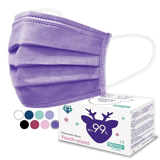 Medtecs Kids Face Mask Disposable - 2 Sizes Option (Child/Youth) 50 PCs - Comfy 3-Ply Breathable Children Masks, the Better & Safer Choice - Youth | Lavender