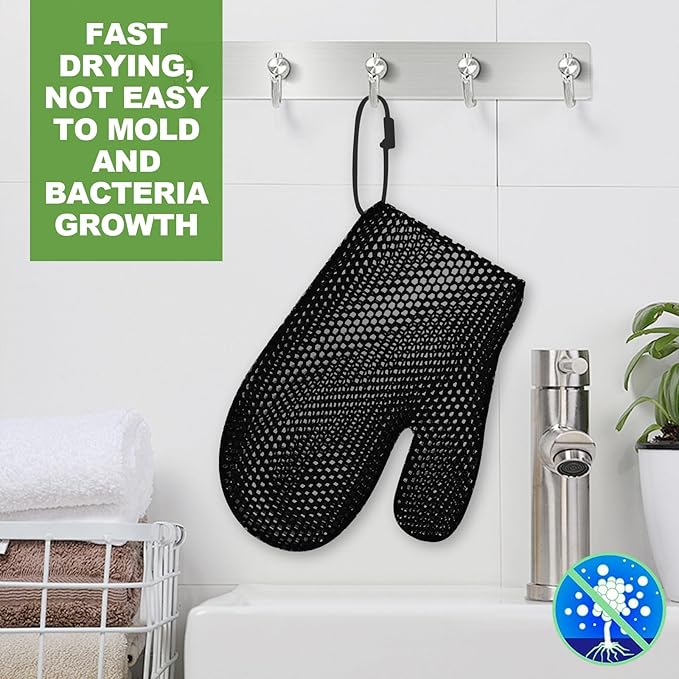 Honeycomb Exfoliating Bath Gloves - Microfiber for Enhanced Blood Circulation & Soft, Smooth Skin for All Skin Types (Black - Glove)
