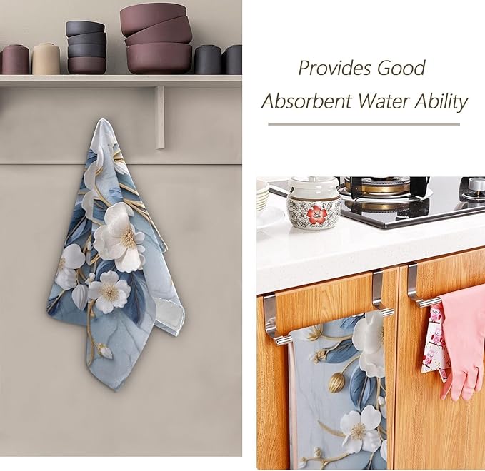 Vintage 3D Floral Hand Towels for Bathroom Set of 2,Decorative White Blue Golden Blossom Flower Branch Bathroom Towels for Bath,Face,Hair,Soft Absorbent Dish Towels for Kitchen Decor 28"x14"