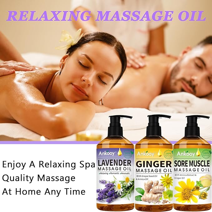 3 Pack Massage Oil for Massage Therapy,Sore Muscle Arnica Oil & Relaxing Lavender Oil & Ginger Oil Lymphatic Drainage & Massage Ball,Mothers Day Gifts for Wife,Gifts from Husband,Gifts for Mom