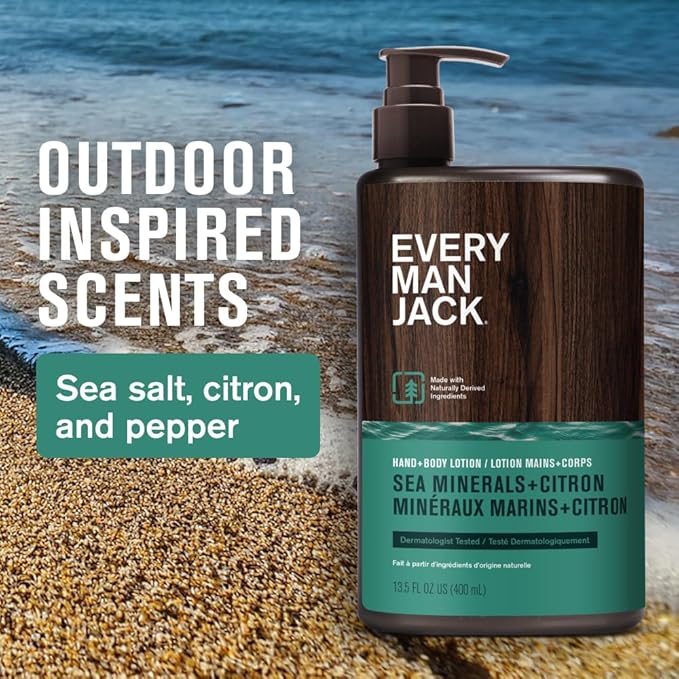 Every Man Jack Mens Sea Minerals + Citron Hand & Body Lotion for All Skin Types - Dermatologist Tested & Hypoallergenic - Nourish Skin with Lightweight Fast Absorbing Lotion - 13.5oz 2 Bottles