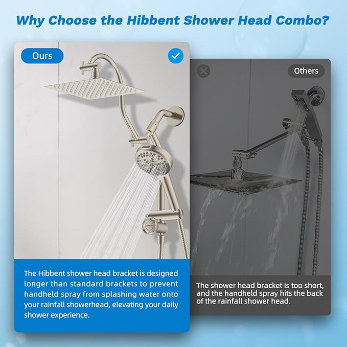 Hibbent cUPC Certified All Metal 8" Rainfall Showerhead Combo, High Pressure Shower Head with 10-Spray Handheld, Innovative 4-way Diverter with Pause Mode, 71'' Shower Hose & Holder, Brushed Nickel