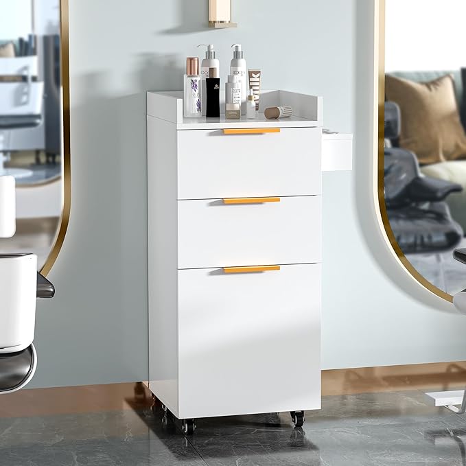 OmySalon Salon Cart with Wheels, 3-Tier Rolling Hair Styling Station, 2 Drawers & Adjustable Shelf, Hair Dryer Holder, Mobile Organizer for Salon, Barber, Spa, Nail & Beauty Tools, White