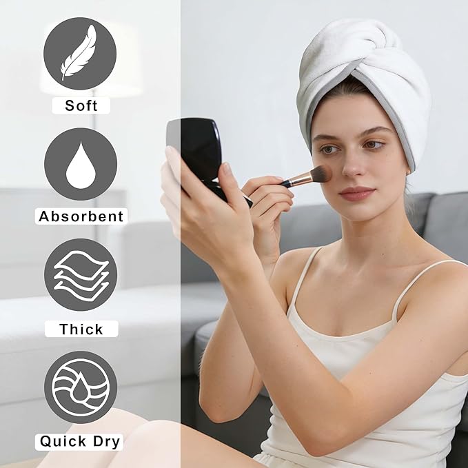 VOOVA & MOVAS Light Gray & White Microfiber Hair Towel Wrap for Women 2Pcs, Super Absorbent Quick Dry Hair Towels for Wet Hair After Shower, Soft Lightweight Hair Wraps