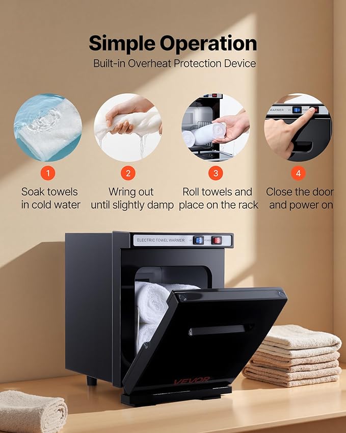 VEVOR Hot Towel Warmer, 5L Small Towel Warmer Cabinet with Clip & Stainless Steel Rack, Holds up 8-12 Towels, Portable All-Round Heating Cabinet for Spa, Barber, Manicures, Massage, Salon, Black