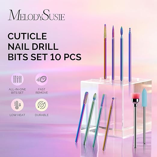 MelodySusie 10pcs Nail Drill Bits Set, 3/32 Inch Diamond Cuticle Bits for Nail Drill E-File, Manicure Pedicure Remover Tools for Acrylic Gel Nails, Salon Home Use Nail Care Supplies, Rainbow