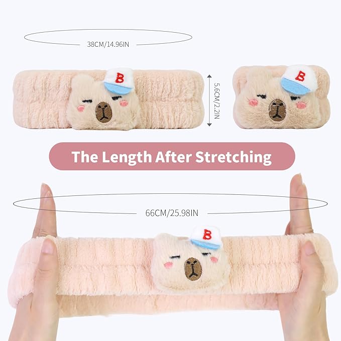 Kawaii Spa Headband and Wristband Set for Women Girls, Cute Halloween Skincare Headbands for Face Washing, Fluffy Makeup Headband for Washing Face Bath Shower and Beauty, Beige Capybara
