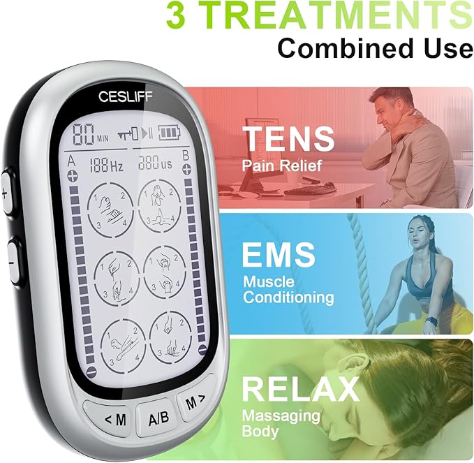 CESLIFF Dual Channel TENS EMS Unit Large Screen 24 Modes 36 Levels Intensity Muscle Stimulator, Rechargeable Electric Pulse Massager TENS Machine for Lower Back Neck Shoulder Pain Relief with 10 Pads