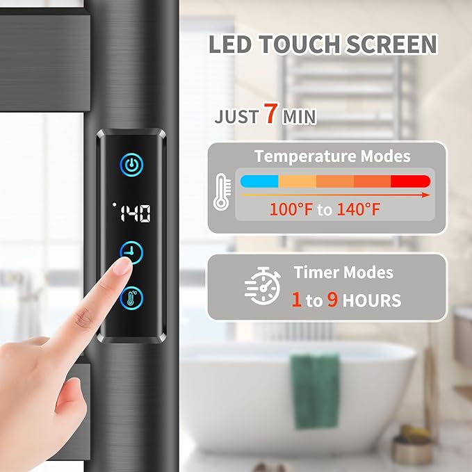 Heated Towel Rack for Bathroom, Hot Towel Warmer Rack Large 10 Bar Electric Hot Towel Warmer, Stainless Steel Wall Mounted Rack with LED Built-in Timer, Plug-in, Fast Heating, Black