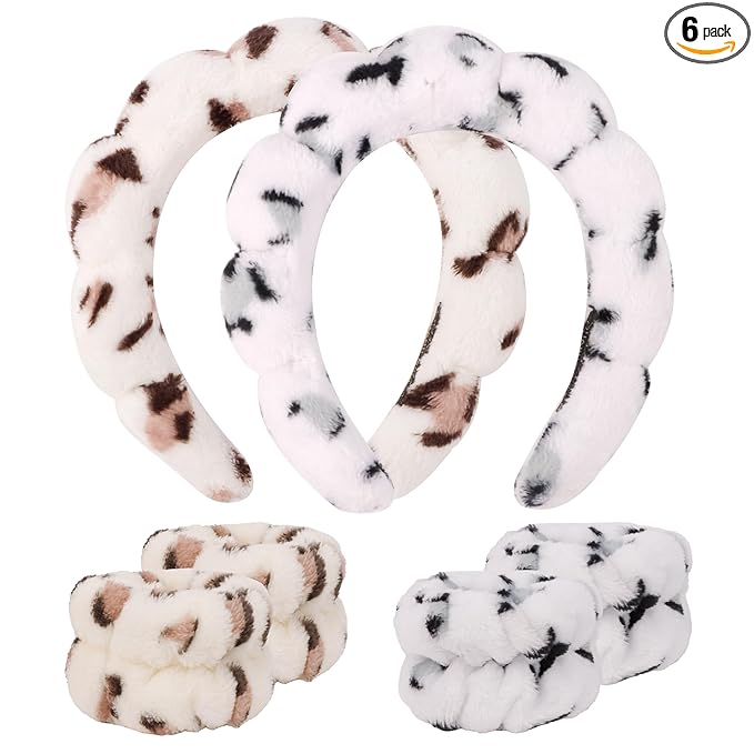 SPA Headbands for Washing Face Makeup Headbands with Bow Hair Band Women Facial Head Band Wrist Towel Wraps For Shower Face Mask Leopard, 6 Pack