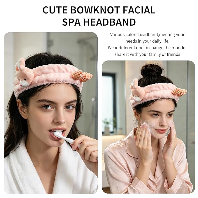 PERFECTSIGHT Kawaii Headband for Spa, Makeup, Washing Face, Party - 2 Pack Cute Hair Band for Shower Beauty Skincare, Soft Facial Headbands for Girls and Women (Purple+Pink Bunny)