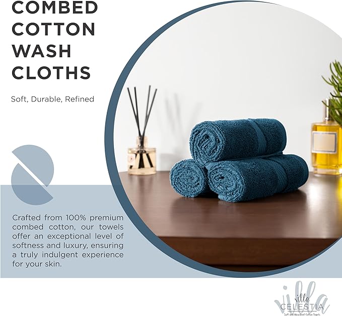 100% Cotton Wash Cloth for face & Body Set of 12, (12 x 12 inches) Sustainable, Soft, Highly Absorbent, Combed Cotton Wash Cloths Pack of 12 for Hotels, Spa, Bathroom, Dorm, Blue