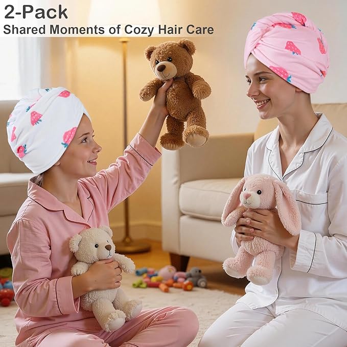 2 Pack Microfiber Hair Towel Wrap for Girls, Quick Dry Hair Turban for Kids, Absorbent Frizz-Free Hair Drying Towel with Button for Long Thick Curly Hair, Pink White Strawberries