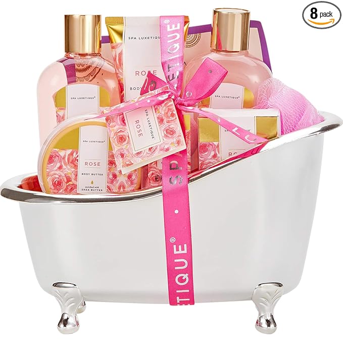 spa luxetique Gift Set For Women, Bath Sets for Women Gift, 8 Pcs Rose Spa Basket Includes Bubble Bath, Shower Gel, Body Lotion, Mom Birthday Gifts, Mother‘s Day Gifts for Her