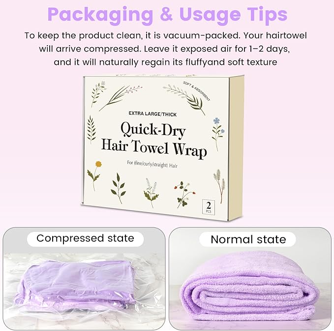 Microfiber Hair Towel Wrap for Women, 2 Pack Large Fast Drying Hair Towel, Ultra Soft Thick Absorbent Anti-Frizz Towel for Curly Long Wet Hair, Durable Double Stitched Edges(Purple /Lavender)