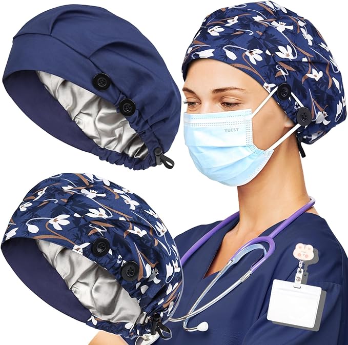 2 Pack Satin Lined Bouffant Scrub Caps with Buttons, Adjustable Scrub Caps for Women Men