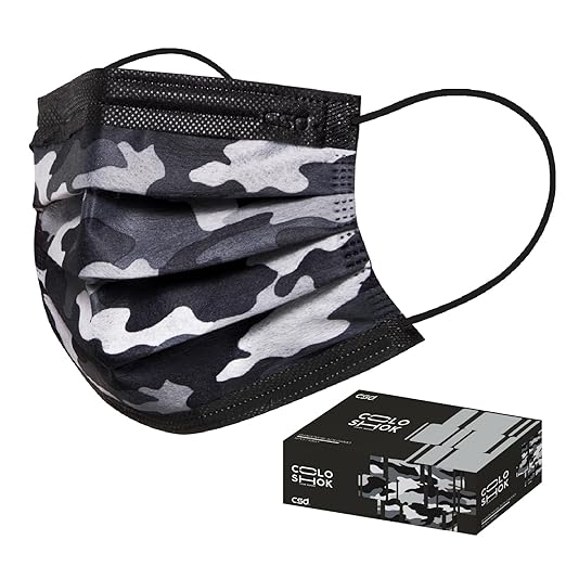 CSD Colo 30 Pcs Black Camo Disposable Face Masks, 3 Ply Adult Mask with Elastic Ear Loop, Nose Bridge Clip, Breathable Comfortable Mask Great for Indoor, Outdoors Use (Shadow Black Camo)