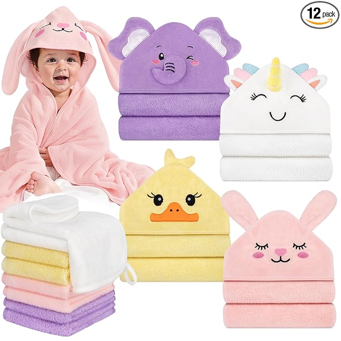 CandyHome 12 PCS Baby Bath Towels for Infants Toddlers, 4 PCS Animal Hooded Baby Towels & 8 PCS Washcloths Set, Ultra Absorbent Soft Cute Newborn Bath Essential Gifts for Boys & Girls