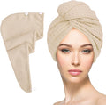 Microfiber Hair Drying Towel with Button 1Pack Khaki Waffle Long Hair Head Wraps Twist Plopping Curly Shower Turban Terry Cloth Fast Absorbent Dry Anti Frizz Hair Wraps for Women Wet Hair