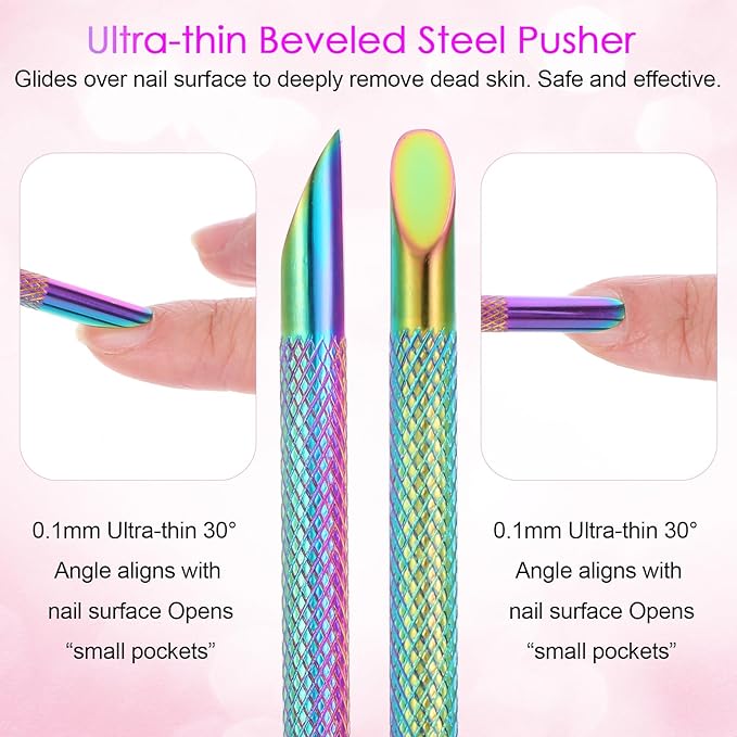 Dual Ended Nail Cuticle Pusher, 100/180 Grit Sandpaper Sheets Cuticle File Stainless Steel Nail Pusher Russian Prep Nails Pushers Self-Adhesive Sandpaper for Manicure Pedicure Nails Art Care Tools