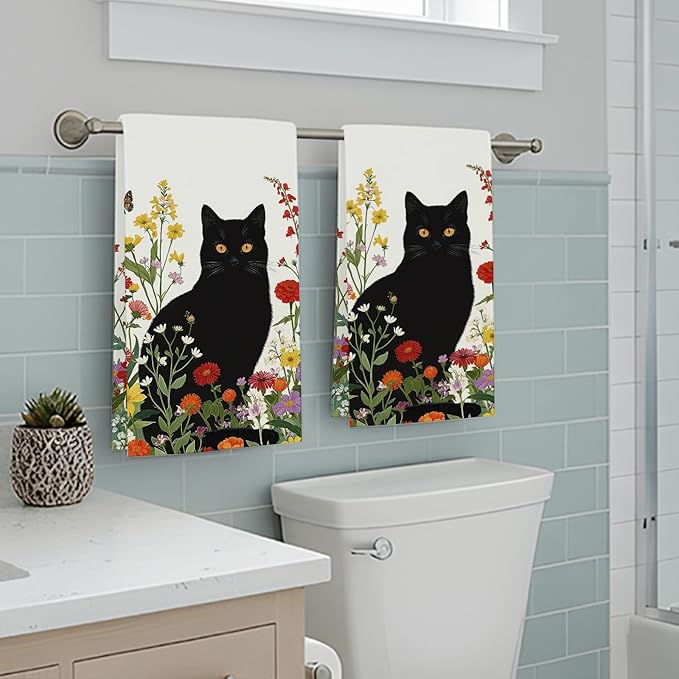Accnicc 2 Pack Black Cat Bathroom Hand Towels Decorative Spring Floral Dish Kitchen Towel 16x27 Inch Botanical Colorful Wildflowers Butterfly Absorbent Soft Microfiber Bath Towels Hotel Spa Decor