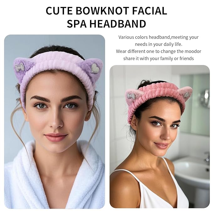 Spa Headband for Washing Face, 2 Pack Cute Cat Ear Hair Band for Shower Yoga Beauty, Fluffy Makeup Headband, Kawaii Facial Headbands for Woman Girls, Dark Pink+Purple Heart