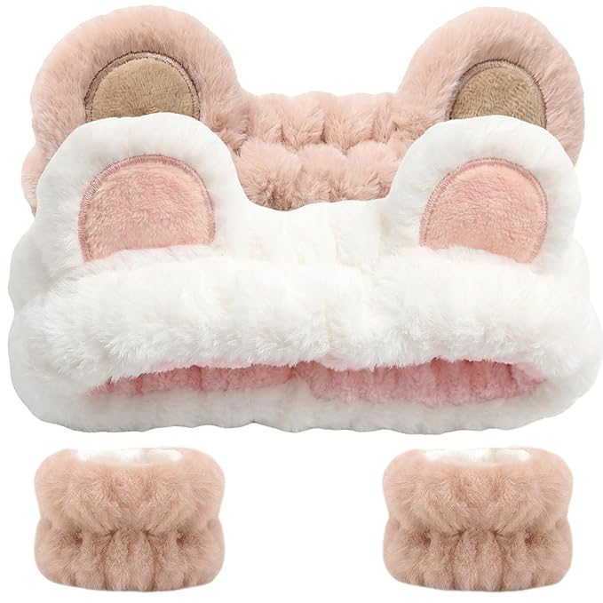 Bear Ears Headband, Cute Spa Headband and Wristband Set Washing Face Skincare Makeup Headbands for Women Girls Trendy Stuff Present Soft Coral Fleece Hair Accessories(Khaki + White)