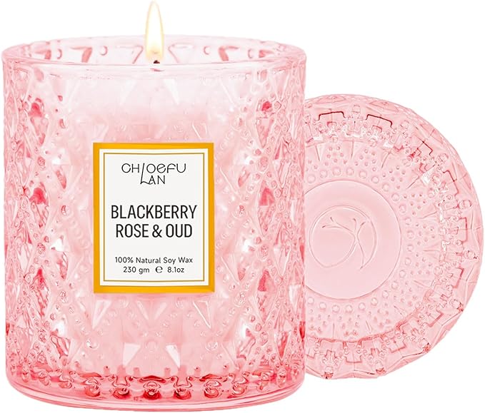 Chloefu LAN Rose Scented Candle, Oud Candle, Mothers Day Candles Gifts for Women, Pink Candles for Home Scented, 55 Hours Long Burning, 100% Natural Soy Wax