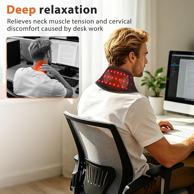 Neck Heating Pad with Massage, Heating Neck Wrap with 660nm 850nm Red Light, with 3000mAh Rechargeable, 3 Levels Heat & 3 Vibration Modes, Electric Nape Heating Pad for Soreness Stiffness